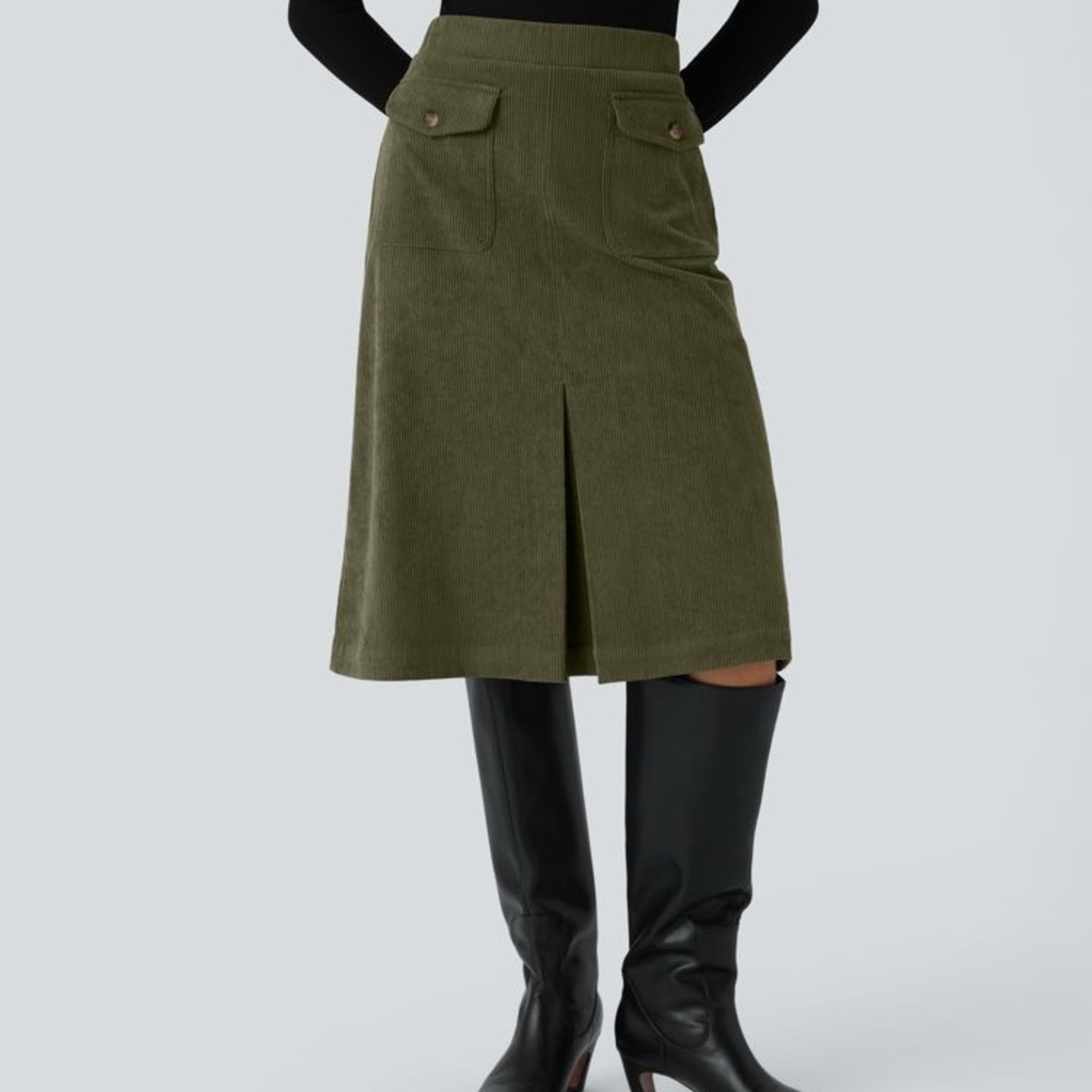 Halara Mid Rise Front Side Flap Pocket Midi Corduroy Casual Skirt Sz L NWT